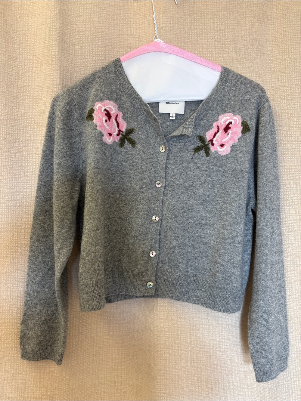 Reformation Gray Cardigan with Pink Rose Appliqué